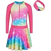 BAOHULU Girls One Piece Swimsuit Long Sleeve Bathing Suit with Skirt UPF 50+ Kids Rash Guard Beach Swimwear 3-11 Years