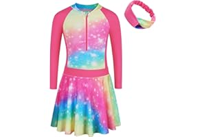 BAOHULU Girls One Piece Swimsuit Long Sleeve Bathing Suit with Skirt UPF 50+ Kids Rash Guard Beach Swimwear 3-11 Years
