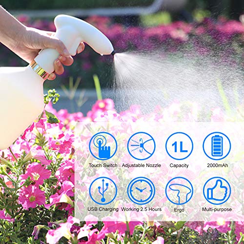 Battery Powered Sprayer,Touch Control Plastic Spray Bottle,1-Liter,USB Charging and Adjustable Nozzle,Multi-Purpose for Gardening, Fertilizing, Cleaning & General Use Spraying