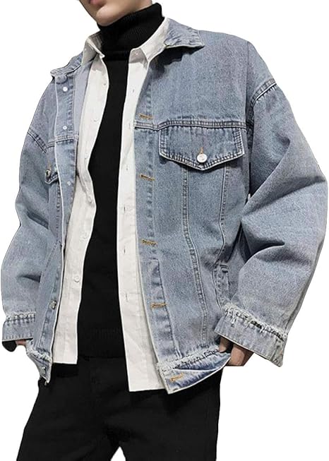 Amazon ニカ メンズ デニムジャケット ダメージ加工 トップス 長袖 韓国風 ショート丈 無地 レトロ デニムコート アウター 春秋 薄手 カジュアル ファッション 原宿風 学生 コート ジャケット 通販