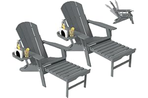 NAVINE Adjustable Adirondack Chair with Retractable Ottoman Set of 2, HDPE Folding Adirondack Chair with Cup Holder, All Weather Fire Pit Chair for Outdoor.