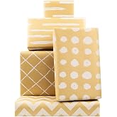 Brown Recyclable Kraft Gift Wrapping Paper 4 Rolls 17 Inch X10 Feet Per Roll with Stripe Dots Waves Pattern 3D White Printed Kraft Recycled Paper for Holidays, Weddings, Birthday, Winter Solstice