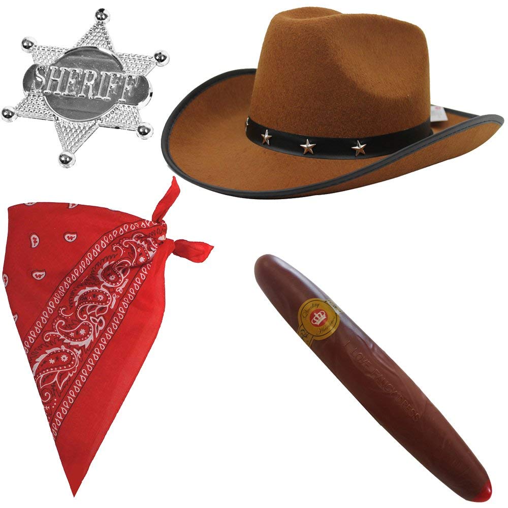 4 PIECE COWBOY FANCY DRESS ACCESSORIES BROWN STAR STUDDED COWBOY HAT
