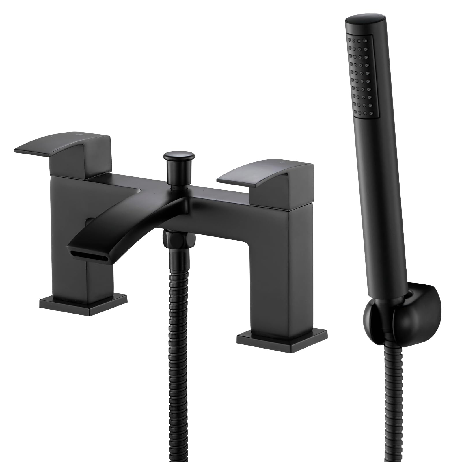 Matte Black Square Waterfall Bathroom Taps, BATHWEST Bathroom Sink Taps with Shower Attachment, Brass Bath Taps with Shower 321BYJ