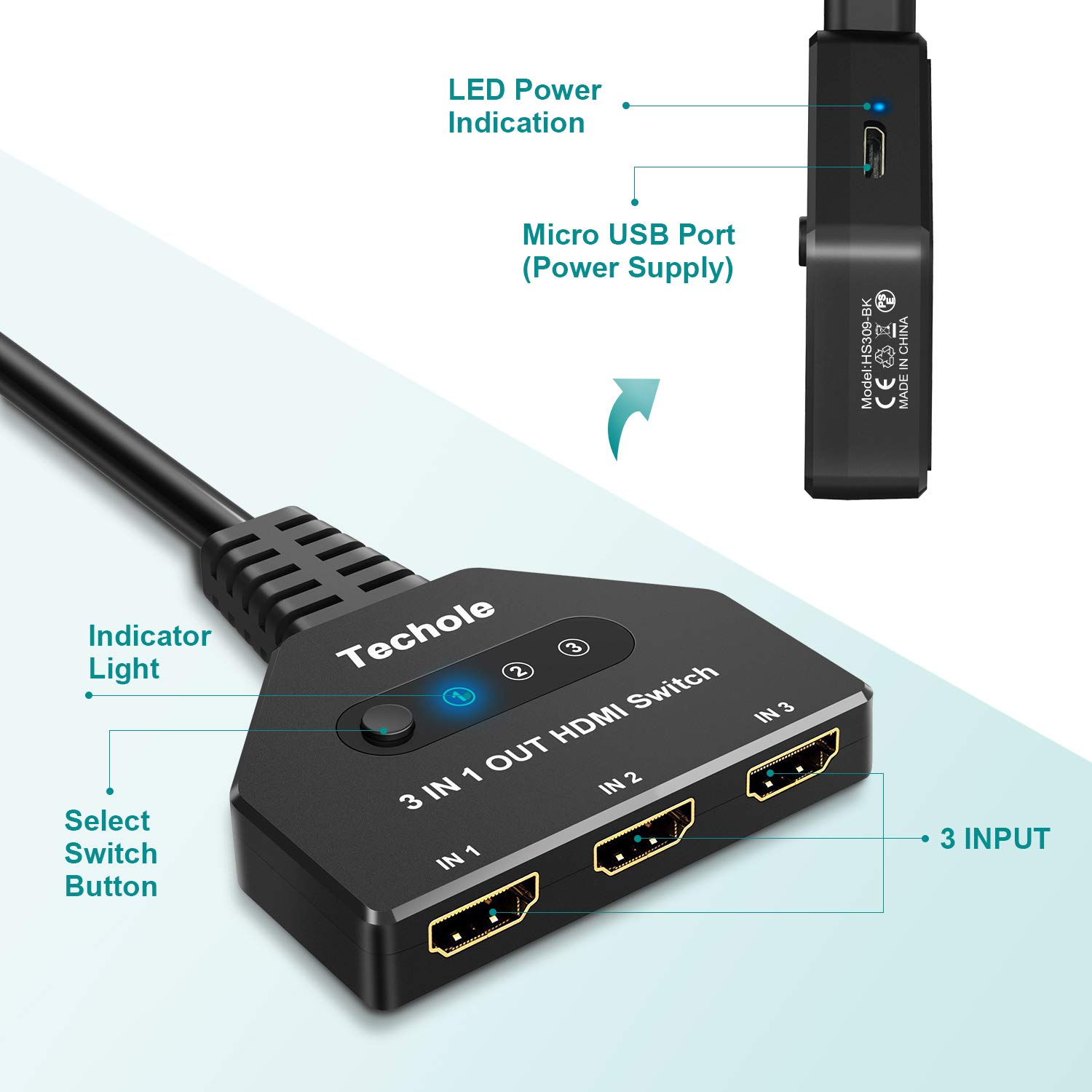 HDMI Switch 4K - Techole HDMI Switcher 3 in 1 Out HDMI Splitter, or 3 x 1, USB External Power Supported, Supports 4K 3D HD 1080P for Xbox PS4 Roku Blu-Ray Player HDTV (HDMI Switch): Industrial & Scientific