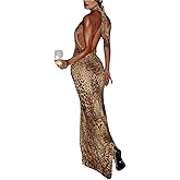 QNI Maxi Dress Halter Neck Sleeveless Leopard Print Lace-up Backless Chic Irregular Hem Sexy Vacation Beach Dress (Brown,L,Large)