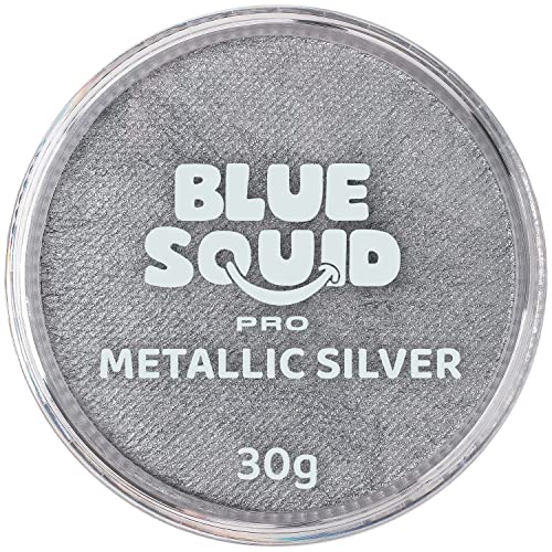 Blue Squid PRO Face Paint - Professional Water Based Single Cake Facepaint & Body Paints - SFX Makeup, Kids Adults Painting for Costume, Halloween Face Paints for Children - Metallic Silver 30g / 1oz