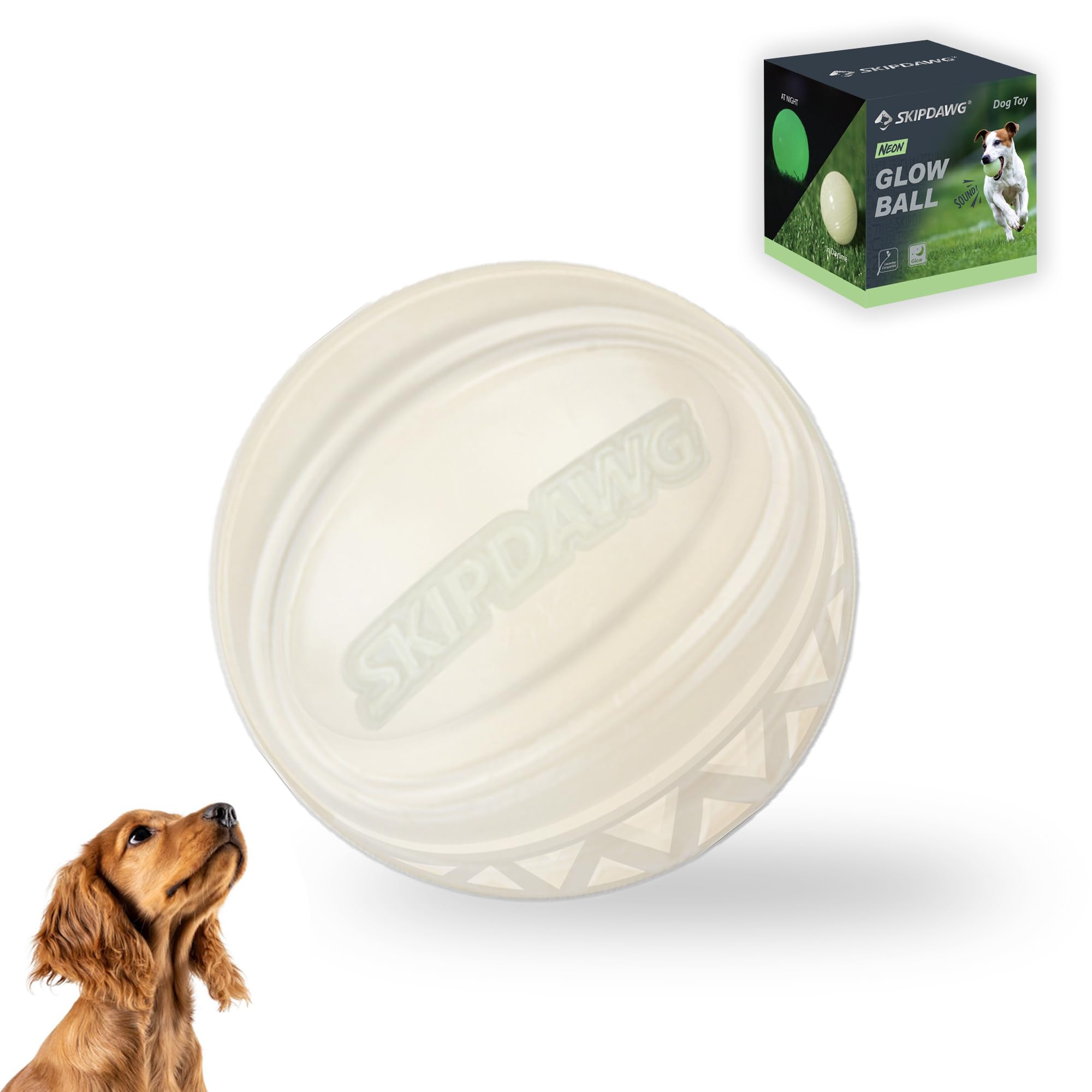 SKIPDAWG Neon Glow Dog Ball, Glow in The Dark, Durable Squeaky Fetch Ball for Dogs Size 2.5 Inches