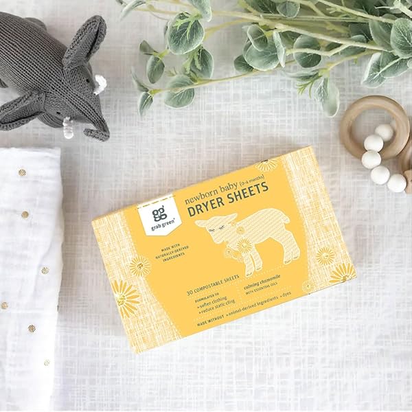 GRAB GREEN NEWBORN BABY DRYER SHEETS – NATURAL SCENT BOOSTER AND FABRIC SOFTENER TO REDUCE WRINKLES AND STATIC (CALMING CHAMOMILE SCENT, 40 SHEETS TOTAL)