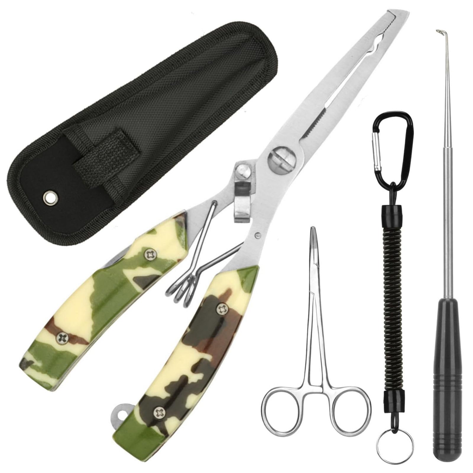 Annyswit 3 Pcs Portable Fishing Pliers Snips Set with Lanyard & Curved Fishing Forceps & Disgorger & Sheath Sea Fishing Multi Tool Pliers Hook Remover Line Cutter for Removing Hooks & Split Rings