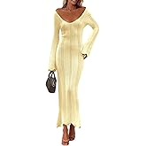 Saodimallsu Womens Crochet Maxi Dress Bell Long Sleeve Sexy V Neck Bodycon Backless Knit Dresses Beach Swim Cover Up