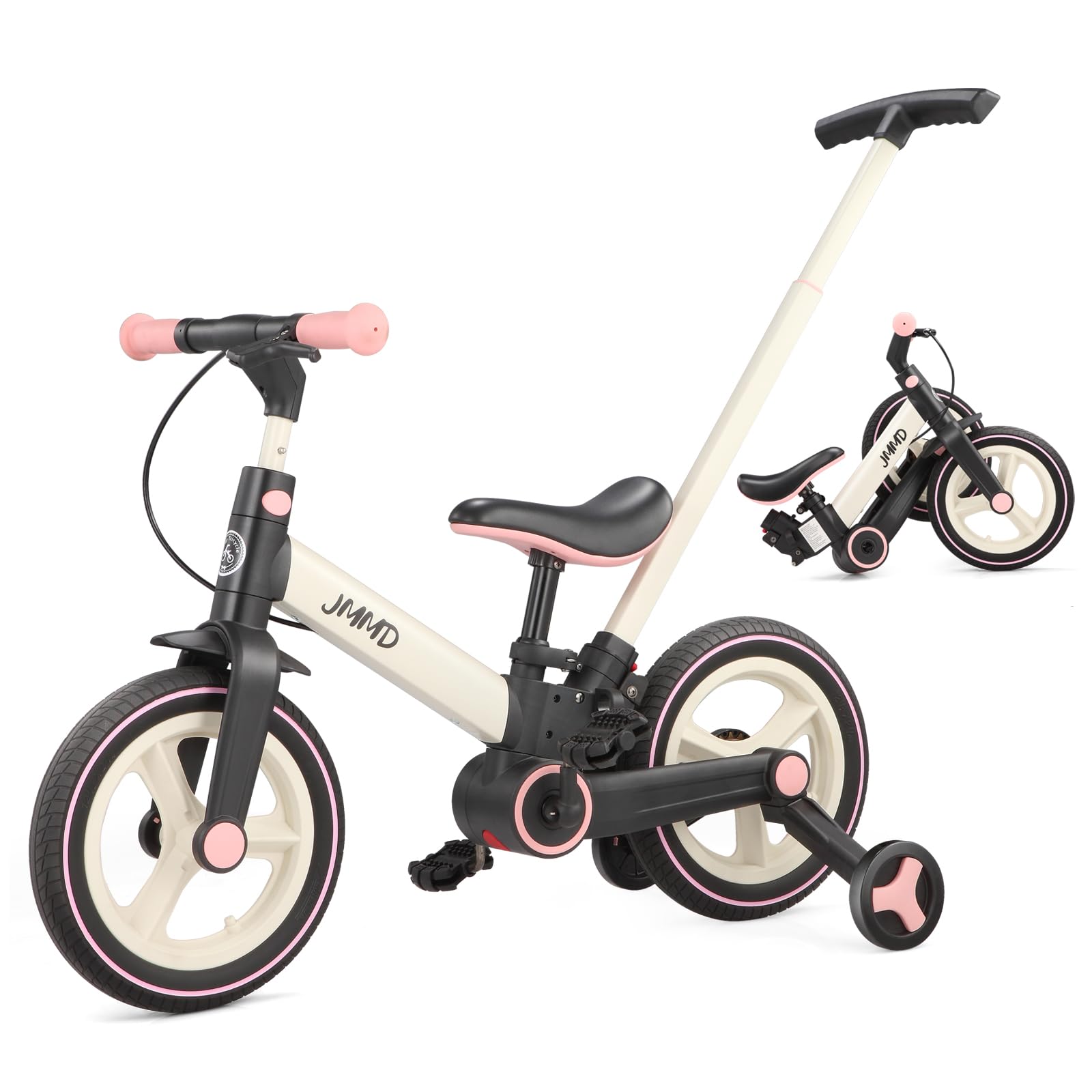 JMMD 6-in-1 Toddler Bike with Training Wheels and Pedals, 12 inch Convertible and Foldable Balance Bike & Pedal Bike with Adjustable Parent Handle, Kickstand, Brakes for kids, Age 18 Months-5 Years