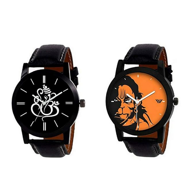 Ganesha & Hanuman Watch | Quartz Analogue Watch |Combo of 2 Different Color Watch| Amazing Case | Stylish Leather Belt | Good Looking |Attractive Dial| Exclusive New Collection | Casual | for Men