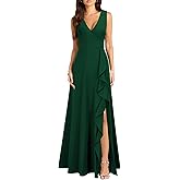 MUSHARE Women's V Neck Sexy Split Cocktail Dress with Pockets Ruffle Party Long Formal Dress