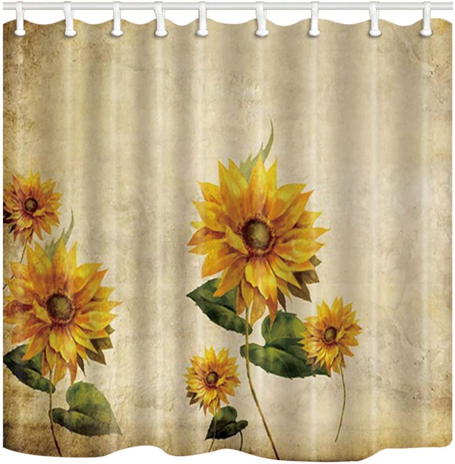 Shocur Sunflower Shower Curtain, Beige Watercolor Plant Yellow Floral Art Painting, Spring Rustic Farmhouse Bathroom Decor Set Polyester Fabric 69 x 70 Inches with 12 Hooks