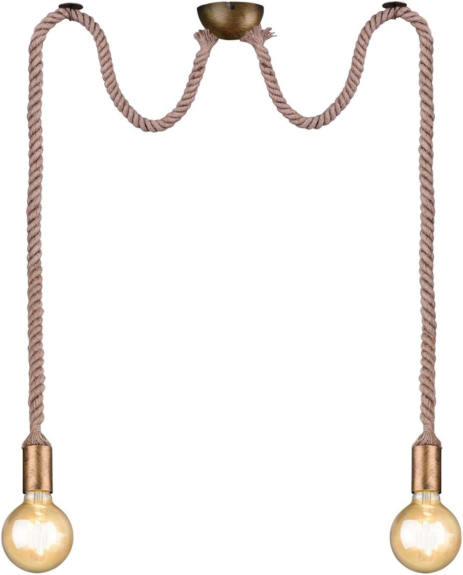 Trio Leuchten Rope 310100204 Pendant Light Antique Brass Metal Linen Suspension Excl. 1 x E27 Pendant 2-Bulb