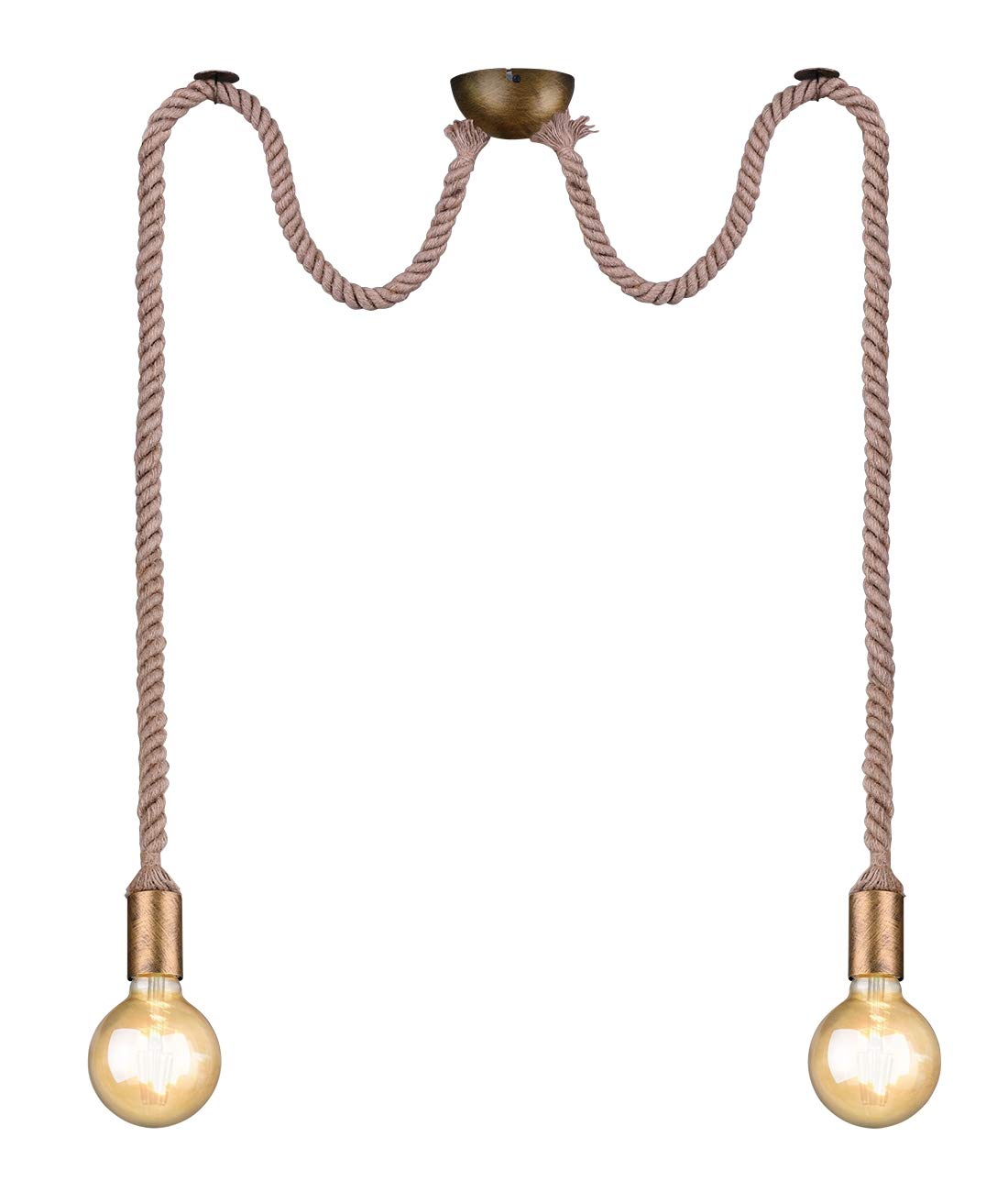 Trio Leuchten Rope 310100204 Pendant Light Antique Brass Metal Linen Suspension Excl. 1 x E27 Pendant 2-Bulb