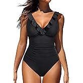 Holipick Women One Piece Swimsuits Tummy Control Bathing Suit Ruffle V Neck Swimwear Slimming Monokini