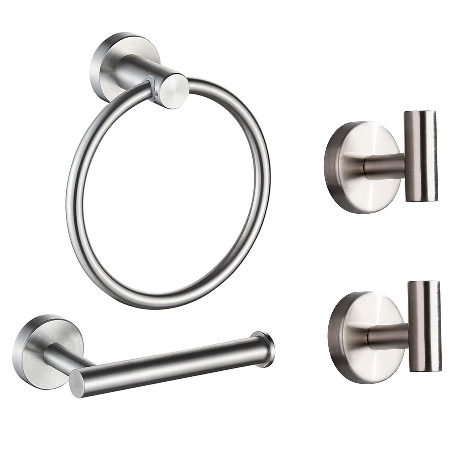 Betadistor 4-Piece Bathroom Hardware Set Bath Accessory Kit Towel Rail Ring Wall Hooks Toilet Paper Holder Robe Hooks Metal Wall Mounted and Towel Hooks, Silver, 012-0406