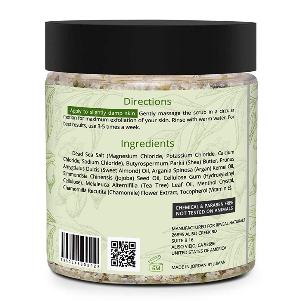 Natural and Organic Exfoliating Tea Tree Scrub with Dead Sea Minerals, Argan Oil, Vitamin E and Shea Butter. Helps Reduce Dandruff and Body Odor