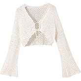 OYOANGLE Girl's Spring Crochet Cardigan Sweater Tie Front Hollow Out Summer Tops Trumpet Sleeve Knitted Boho Cover Ups