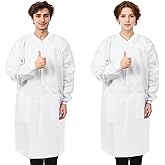NIESUGA 10-50 Pack SMS Disposable Lab Coats for Adults, Blue, Knee-Length, 2 Pockets, 50 GSM Knit Cuffs & Collar, M-XXXLarge
