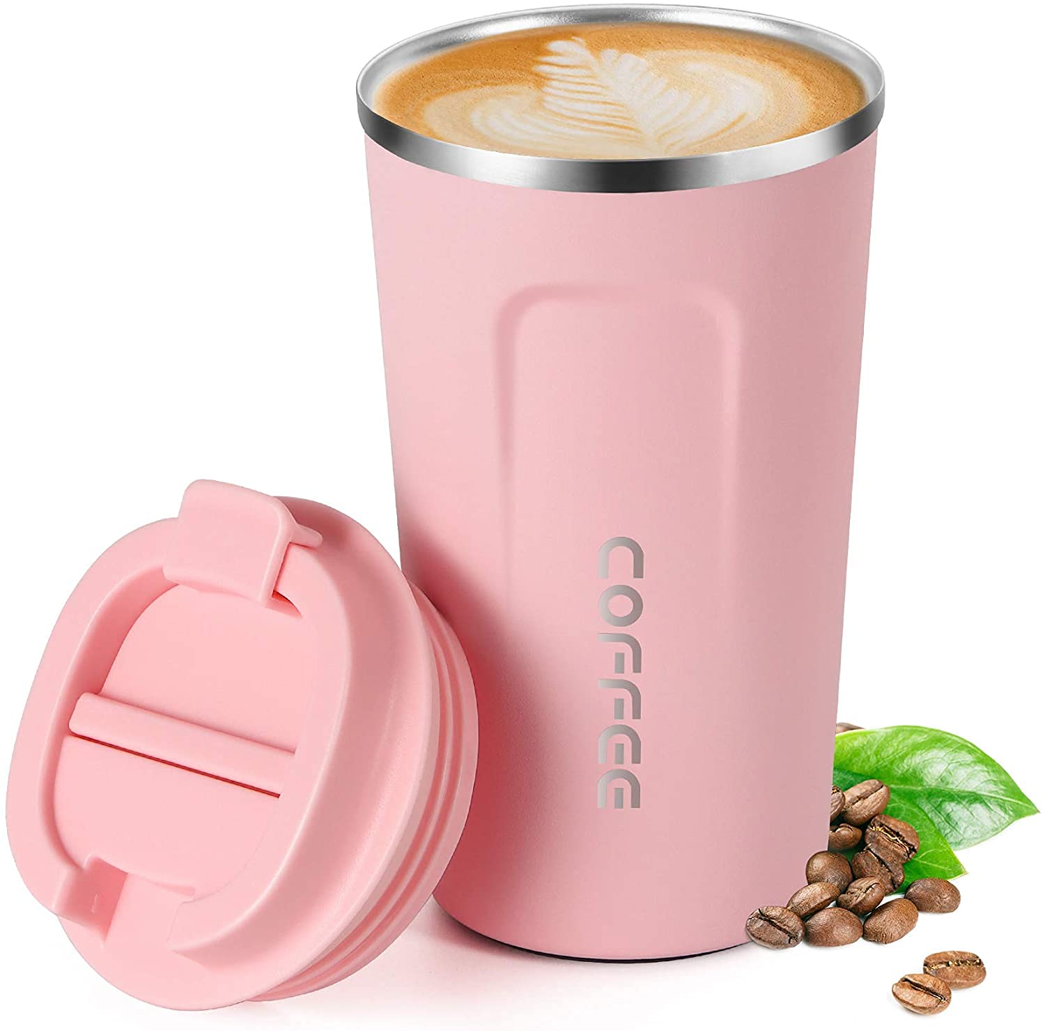 Insulated Coffee Cup, Senelux Double Walled Insulated Stainless Steel Vacuum Coffee Travel Mug with Leak Proof Flip-Lid - Keep Coffee Tea Hot and Soft Drinks Cold - 18oz (510ml) Pink