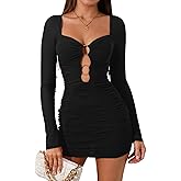 Colysmo Women's Sexy Hollow Out Long Sleeve Bodycon Mini Dress Ruched Mesh Short Dresses for Club Night Out