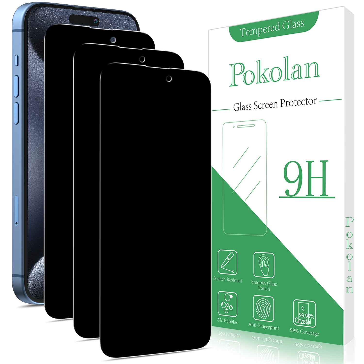 Pokolan [3 Pack Privacy Screen Protector for iPhone 15 Pro Max, 15 Plus, Anti Spy Tempered Glass, 9H Hardness, Case Friendly, Anti Scratch, Bubble Free, Easy to Install