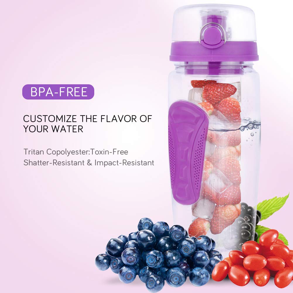 Yishik 2 in 1 Fruit Infuser Water Bottle Large 32oz Featuring a Full Length Infusion Rod， BPA-Free Fruit Infusion Sports Bottle - Flip Top Lid，Drinking Spout, Leak Proof, Made of Durable Tritan