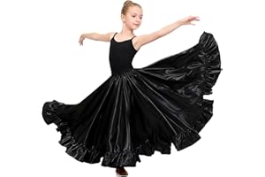 WJPUUS Satin Full Long Skirt for Circle Ruffle Skirt Satin Flowy Latin Belly Dance Umbrella Dress for Girls 8-12 Years