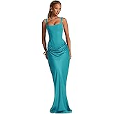 Women's Ruched Satin Prom Dresses Mermaid Corset Bridesmaid Dress Spaghetti Straps Cocktail Party Gown