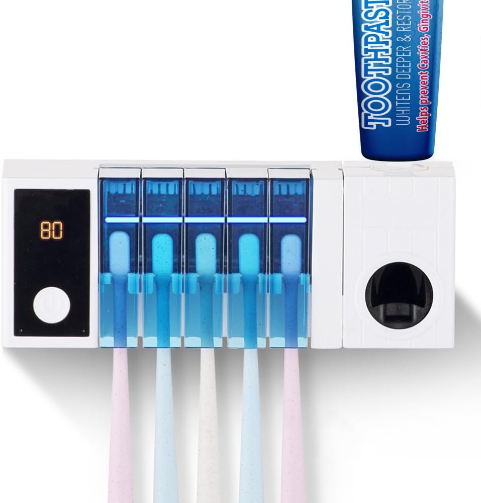 QINGRUN Uv Toothbrush sterilizer with Heating and Drying Toothbrush Holder, UV Sterilization Electric Toothbrush Holder, Toothpaste Dispenser Wall Mount, 5 Toothbrush Slots (White)