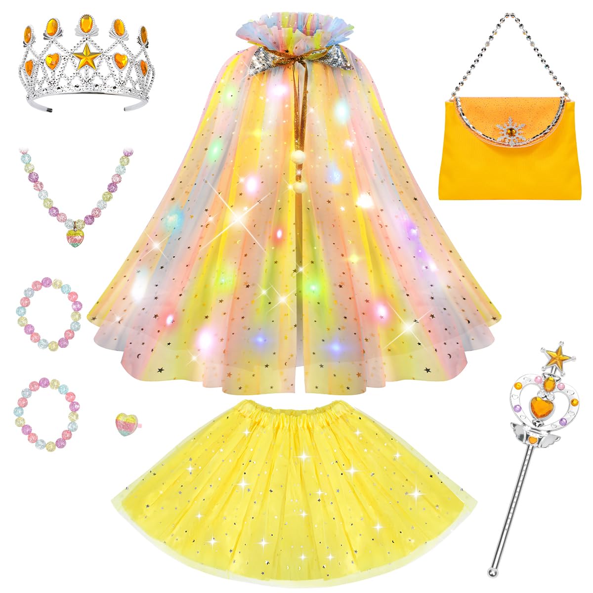Meland Princess Dress Up for Girls - Light Up Cape with Tutu Skirt, Girls Toys for Halloween Costume & Birthday Gift for Toddler 3-8 Years Old