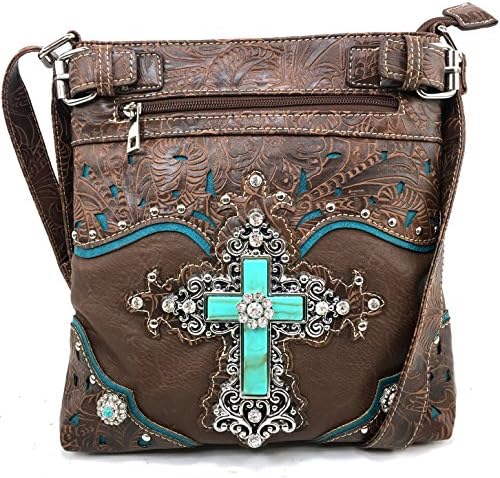 Western Laser Cut Rhinestone Silver Cross Messenger Handbag with CrossBody Strap