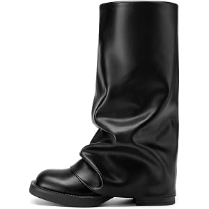 Athlefit Women's Slouchy Fold Over Boots Wide Calf Chunky Platform Low Heel Square Toe Pull On Mid Calf Boots