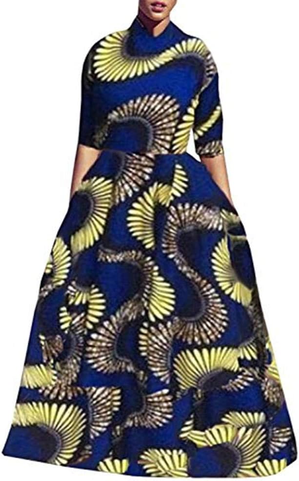 Women Plus Size 3/4 Sleeve African Graphic Printed Maxi Dress Lapel Collar High Waist A-line Dress