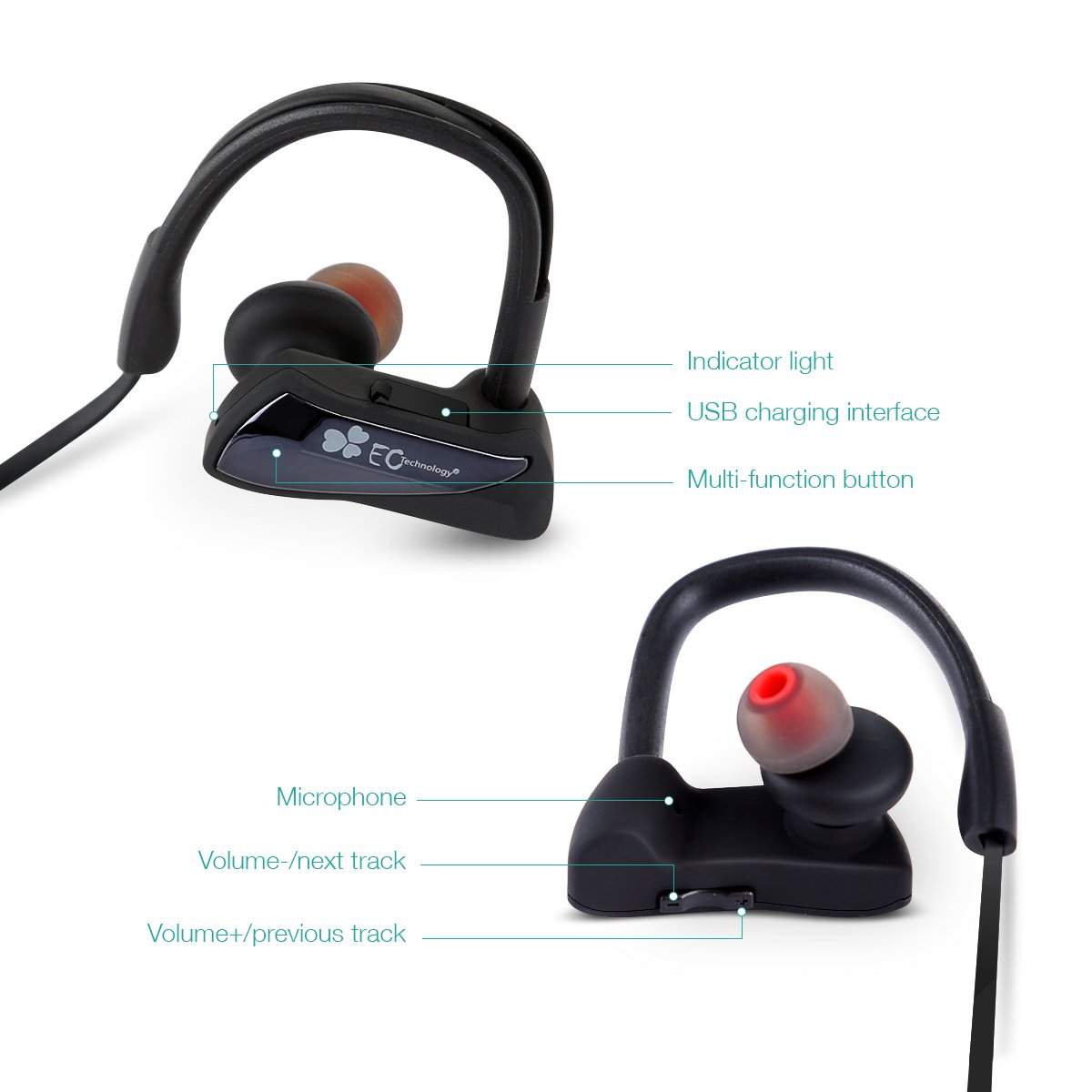 Auriculares Bluetooth, EC Technology Auricular V4.1 Deportivos Inalámbricos y Resistentes al Agua IPX7 con 6 Horas de Reproducción y Eliminación del Ruido Exterior, para iphone 8,8 plus y Otros Dispostivos Bluetooth - Negro