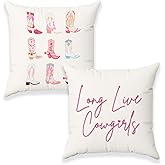 Yomisex Western Pillows, Pink Preppy Cowgirl Boot Pillow Room Decor, Long Live Cowgirls Pillow Covers 18x18, Country Room Decor for Girls, Pink Western Decor Pillow Cover Set of 2