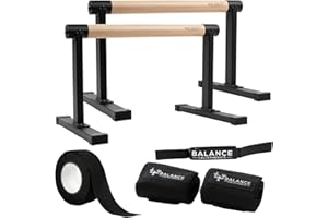 BALANCE CALISTHENICS Pro Metal Wooden Parallettes Push Up Bars Bundle With Bag, Grip Tape, Wristwraps, Paralettes, Strap | Dip Bar Handles 2pcs Paralette Handstand Non-Slip Base Exercise Handle For Floor Home Workout Equipment Parallel Handstand Dips Ergonomical Perfect Pushup (Pro (10inch))