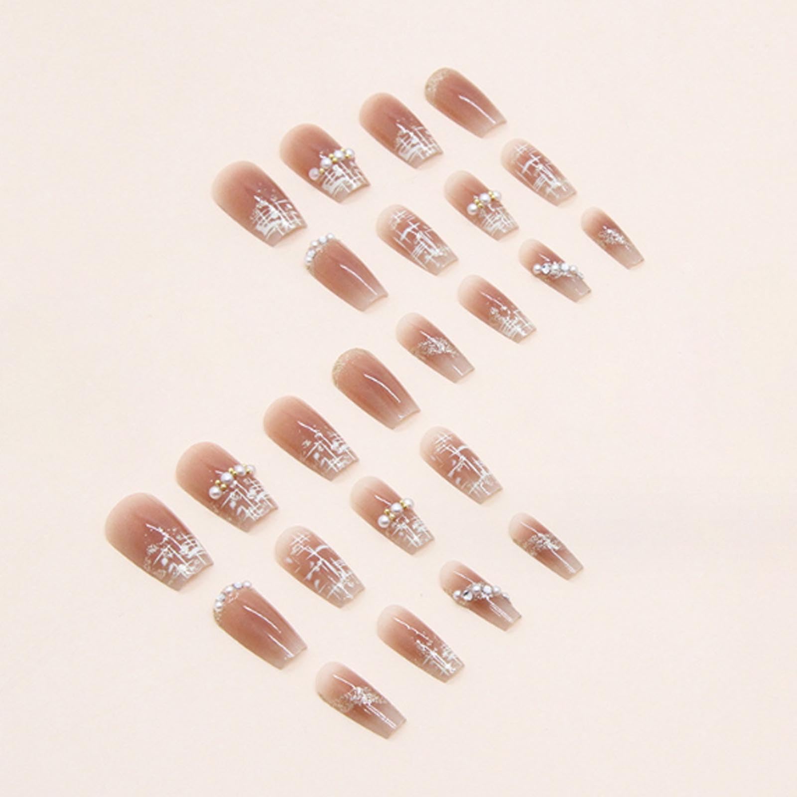 Hkanlre Press on Nails Fake Nails False Nails for Women and Girls 240308 (Nude Lattice) - Image 4