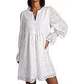 utcoco Womens 2025 Eyelet Dress Casual Loose Tassel V Neck Long Sleeve A Line Lace Hollow Out Ruffle Party Dresses