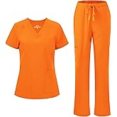 floralhue Scrubs for Women, V-Neck Scrubs Top & Cargo Pants with 12 Pockets, Yoga Waistband, 4 Way Stretch