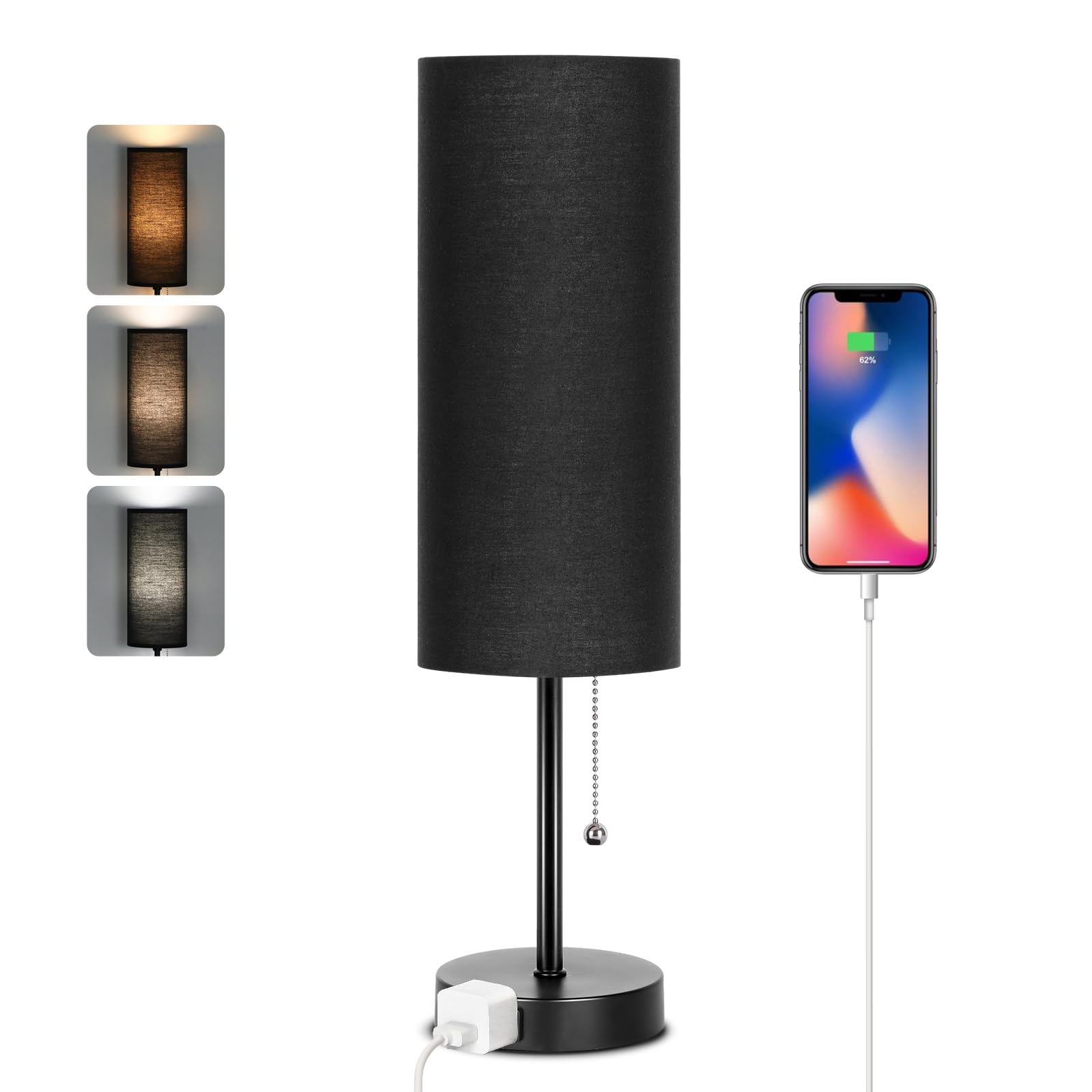Photo 1 of Dott Arts 18" Table Lamp for Bedroom, 3-Color Bedside Lamps with Pull Chain, Bedroom Table Lamps for Nightstand,AC Outlet Small Lamp for Living Room, Bulb Included Black