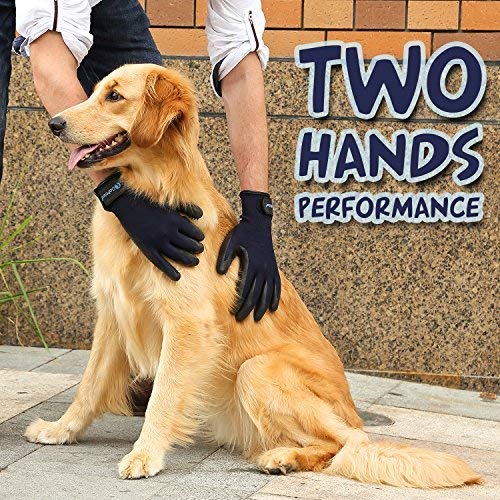 GoPetee Pet Dog Grooming Glove 2 in 1 Cat Horse Hair Removal Massage Mitt Rubber Brush with Flexible Five Finger Design for Shedding Bathing Long and Short FurLong Short Fur (1 Pair) …