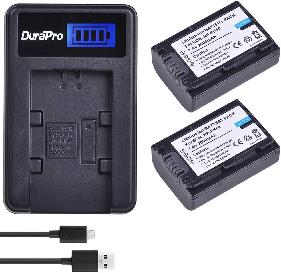 DuraPro 2Pcs NP-FH50 NP FH50 Battery + LCD USB Battery Charger for Sony NP-FH30,NP-FH40,NP-FH50,NP-FH60,NP-FH70,NP-FH100;H Series;Sony DCR-SR32,DCR-SR33,DCR-SR35,DCR-SR36,DCR-SR48,DCR-SR52 Handycams