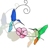 Hummingbird Stained Glass Window Hanging, Handmade Humming Bird with Flower Suncatcher, Sun Catcher Indoor Decor, Home Window Art, Decoration, Gift for Women Mom Bird Lover, 10"(W)X8"(H), Hanger Given