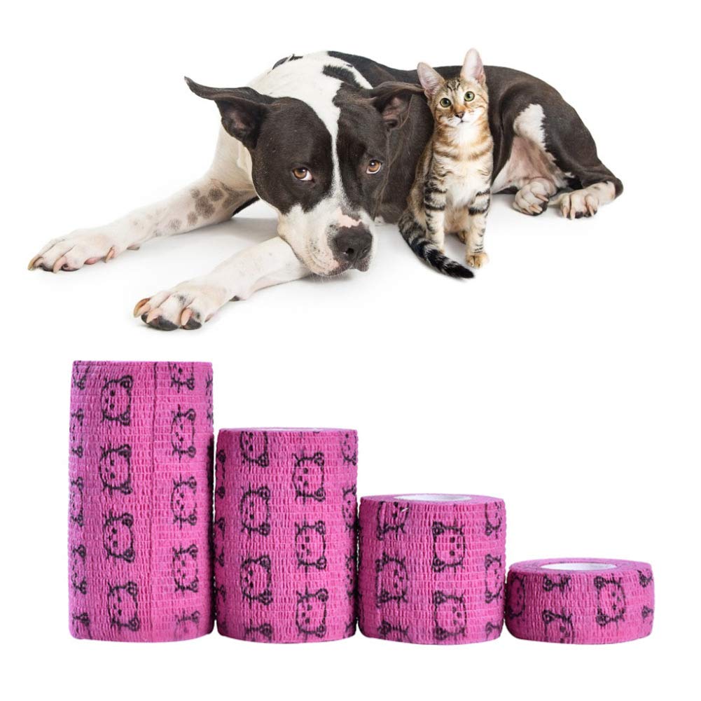 Pssopp 4 Pcs Self Adhesive Breathable Elastic Cohesive Pet Bandage Wrap for Dogs & Cats, Ankle Knee Wrist Sprains, Rose Red