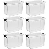 Sterilite 19859806, 30 Quart/28 Liter Ultra Latch Box, Clear with a White Lid and Black Latches, 6-Pack