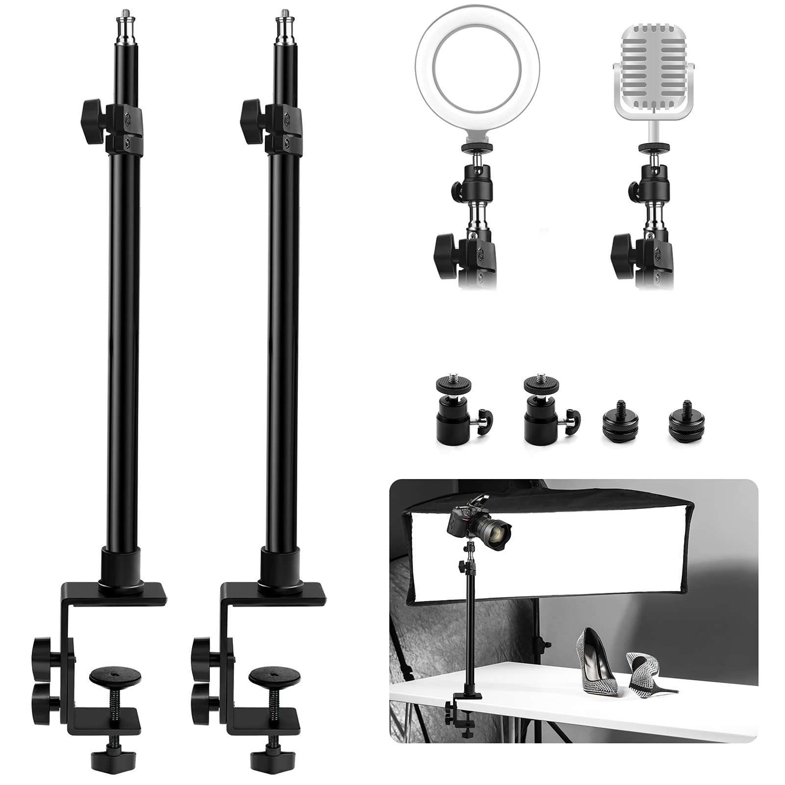 Obeamiu Tabletop Light Stand with 1/4" Ball Head and Hot Shoe Mount Adapter, Adjustable Tabletop Bracket Stand 15.5-25.5 Inch for DSLR Camera, Ring Light, Video Monitor, Microphone, Webcam